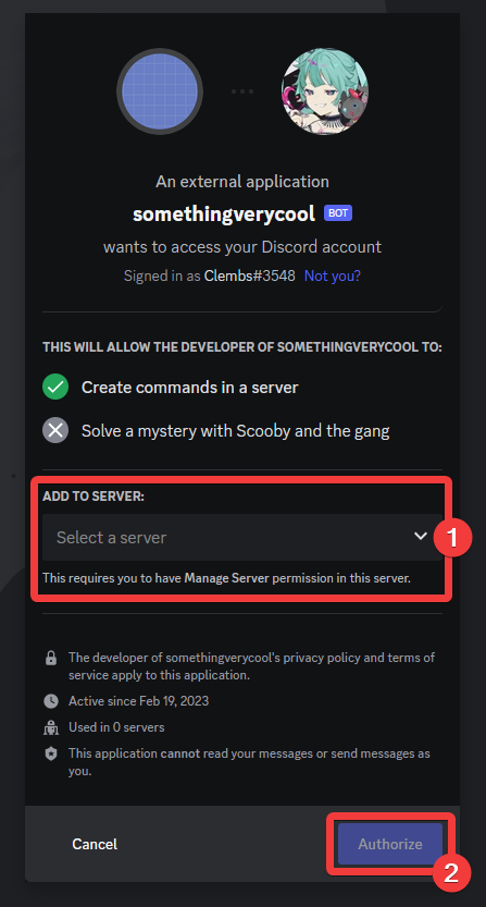 Screenshot of a Discord window prompting to add an external application to a server