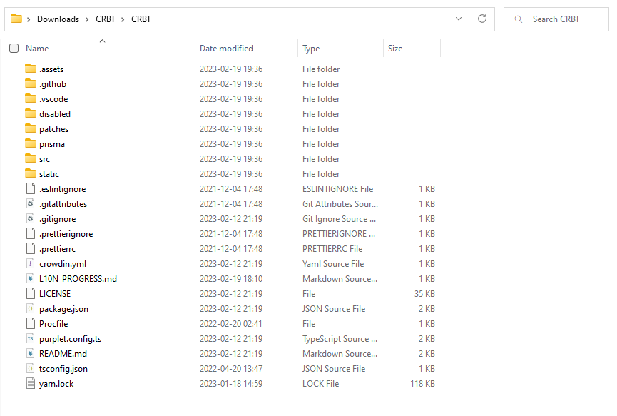 Screenshot of Windows&#39; File Explorer showing the contents of the CRBT project when freshly unzipped. b
