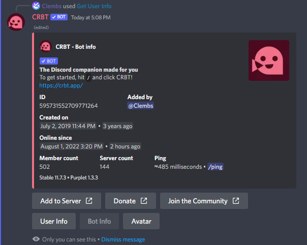 The bot info command, showing CRBT&#39;s stats and info.