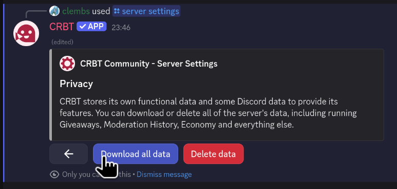 CRBT message with the Privacy menu. A brief explains how CRBT stores some functional data. A &quot;Download all data&quot; button is highlighted