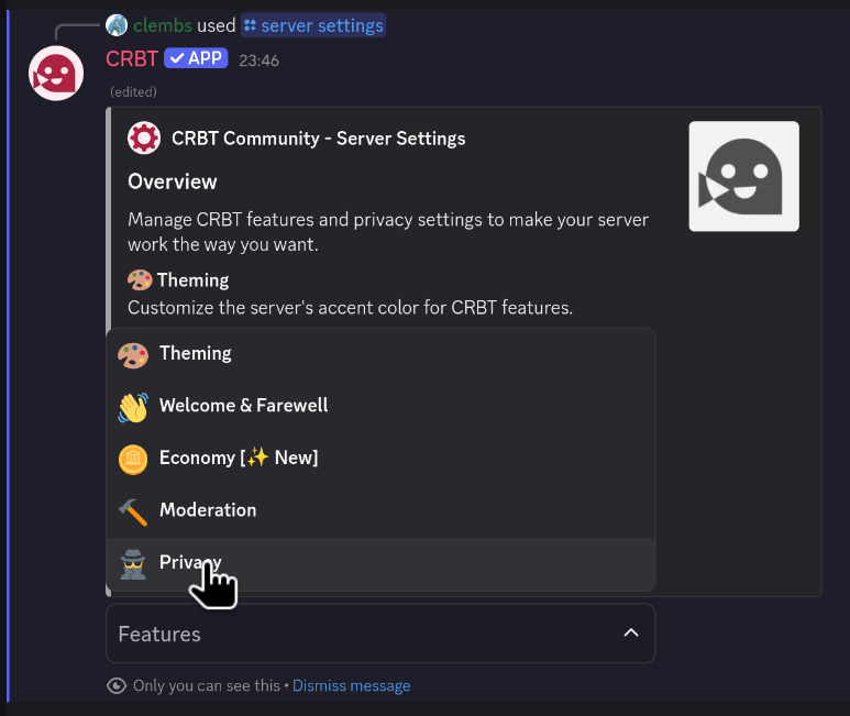 A CRBT message showing the Server Settings menu. A dropdown menu is expanded and reveals several options, including &quot;Privacy&quot;.