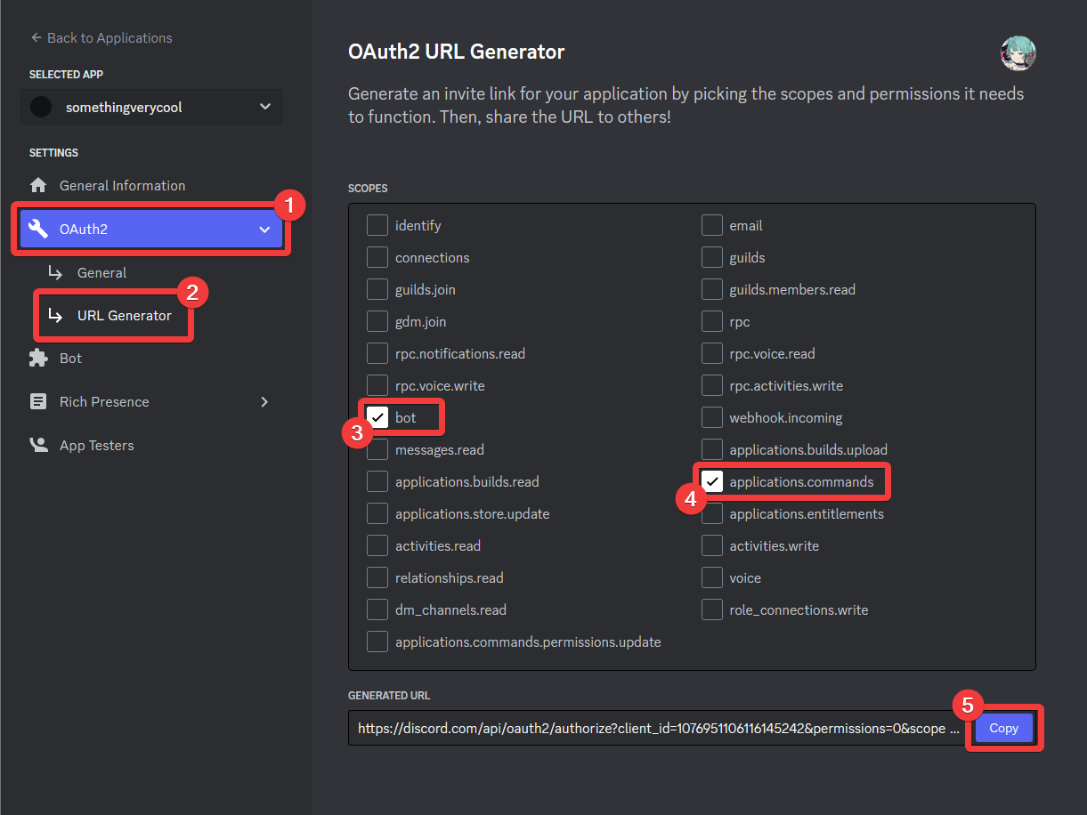 Screenshot of the Discord Developer Portal, showing the &quot;bot&quot; and &quot;applications.commands&quot; checkboxes checked