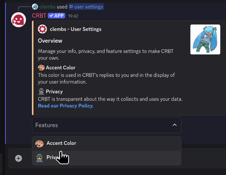 A CRBT message showing the User Settings menu. A dropdown menu is expanded and reveals several options, including &quot;Privacy&quot;.